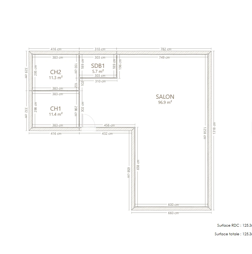 Plan réel dessiné dans CAOCAD : deux chambres, une salle de bain et un grand salon en L.